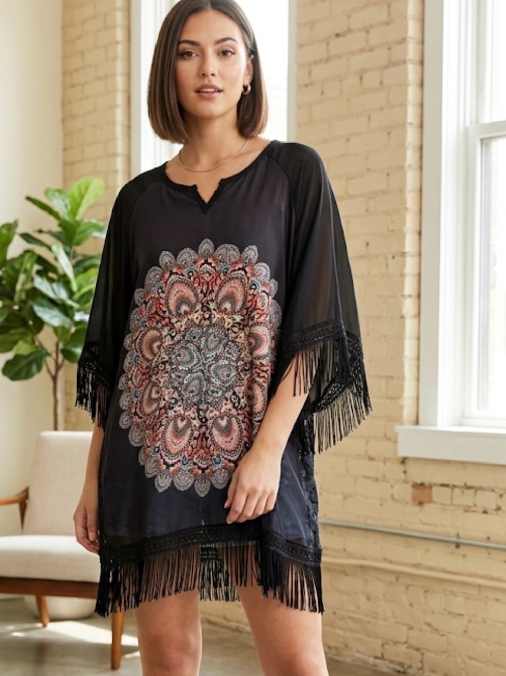 Uncle Frank Black Tunic coverup with Coral and Teal Mandala fringes boho beachy
